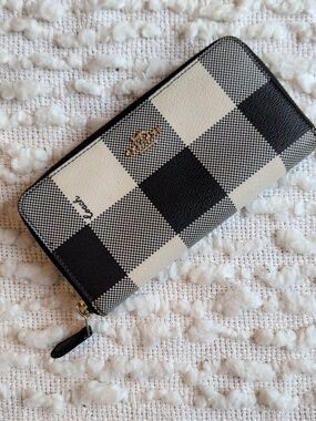 Coach Zip Around Accordion Buffalo Check Navy White Gold Women's Wallet